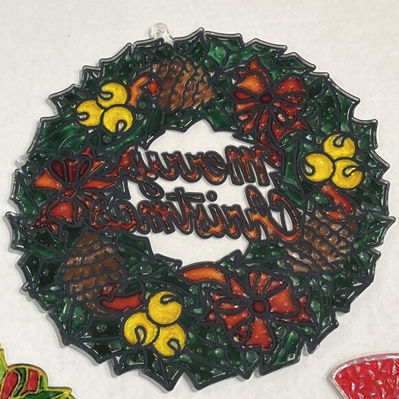 Vintage Christmas Stained Glass Plastic Window Decorations Set of 4 Wreath Bell - Picture 12 of 16